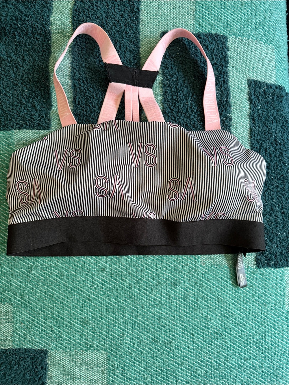PINK Victoria's Secret Black & Pink Striped Logo Sports Bralette
